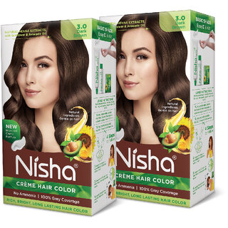 Nisha Creme Hair Color Combo Set Natural Black And 3.0 Dark Brown (60gm + 60ml + 18ml Conditioner) , 3.0 Dark Brown