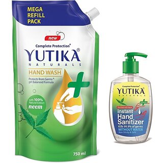 Yutika Naturals Complete Protection 750ml Neem Hand Wash Comes With 200ml Instant Kills Germs Without Water Non Sticky & Safe Hand Sanitizer Pump + Refill (2 x 475 ml)