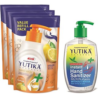 Yutika Naturals Complete Protection Lemon HandWash 180ml(Pack of 3)Comes With 200ml Instant Kills Germs Without Water Non Sticky & Safe Hand Sanitizer Pump + Refill (4 x 185 ml)
