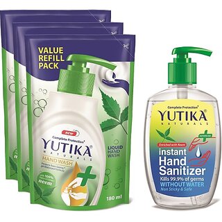 Yutika Naturals Complete Protection Neem HandWash 180ml(Pack of 3) Comes With 200ml Instant Kills Germs Without Water Non Sticky & Safe Hand Sanitizer Pump + Refill (4 x 185 ml)