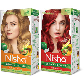 Nisha Pack Honey Blonde & Flame Red (60gm + 90ml + 18ml Conditioner) , 7.3 Honey Blonde + Flame Red