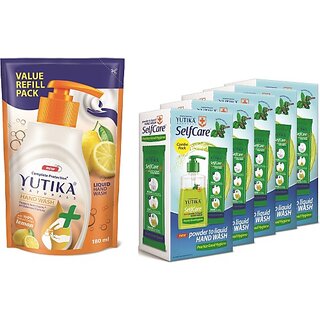 Yutika Naturals Complete Protection 180ml Lemon Hand Wash Comes With Selfcare Powder To Liquid Hand Wash Bottle 5 Sachets Of 10gm each Hand Wash Pump + Refill (2 x 100 ml)