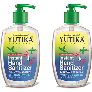 Yutika Naturals Complete Protection Instant  Kills 99.9% Of Germs Without Water Non Sticky & Safe Enriched With Neem Hand Sanitizer Pump + Refill (2 x 100 ml)