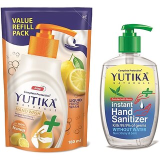 Yutika Naturals Complete Protection 180ml Lemon Hand Wash Comes With 200ml Instant Kills Germs Without Water Non Sticky & Safe Hand Sanitizer Pump + Refill (2 x 190 ml)