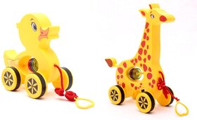 Virgo Toys Pull Along Buddy Duck - Yellow and Giraffe - Yellow, For Kids For Age 18 Month and Above