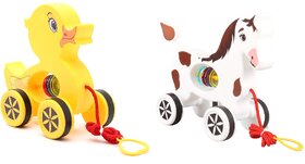 Virgo Toys Pull Along Buddy Duck - Yellow and Horse - White, For Kids For Age 18 Month and Above
