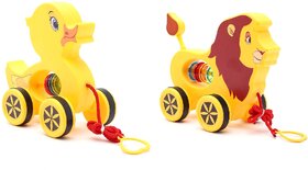 Virgo Toys Pull Along Buddy Duck - Yellow and Lion - Yellow, For Kids For Age 18 Month and Above