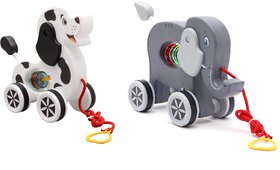 Virgo Toys Pull Along Buddy Dog - White and Black and Elephant - Grey, For Kids For Age 18 Month and Above