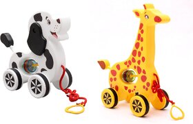 Virgo Toys Pull Along Buddy Dog - White and Black and Giraffe - Yellow, For Kids For Age 18 Month and Above