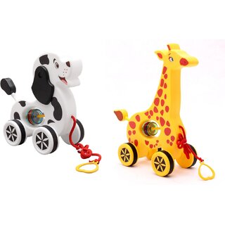 Virgo Toys Pull Along Buddy Dog - White and Black and Giraffe - Yellow, For Kids For Age 18 Month and Above