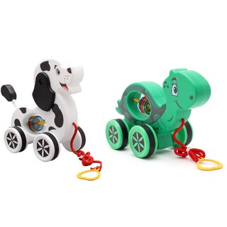 Virgo Toys Pull Along Buddy Dog - White and Black and Turtle - Green, For Kids For Age 18 Month and Above