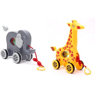 Virgo Toys Pull Along Buddy Elephant - Grey and Giraffe - Yellow, For Kids For Age 18 Month and Above