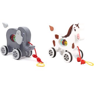 Virgo Toys Pull Along Buddy Elephant - Grey and Horse - White, For Kids For Age 18 Month and Above
