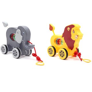 Virgo Toys Pull Along Buddy Elephant - Grey and Lion - Yellow, For Kids For Age 18 Month and Above