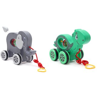 Virgo Toys Pull Along Buddy Elephant - Grey and Turtle - Green, For Kids For Age 18 Month and Above