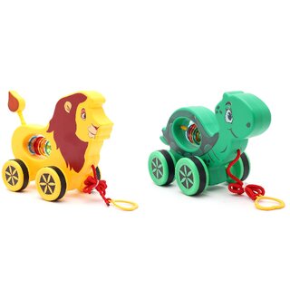 Virgo Toys Pull Along Lion - Yellow and Turtle - Green, For Kids For Age 18 Month and Above