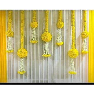 Hand Made Wall Door Hanging Artificial Marigold Plastic Flowers Garlands Bandhanwar Torans with Golden Bells (Multicolor