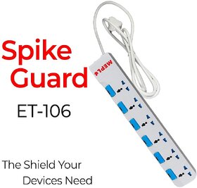 MEPL Grey COLOUR 6x6 Power Strip with 2 meter cable and 6A Spike GuardMulti Socket Spike GuardSurge ProtectorExtensio