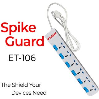 MEPL Grey COLOUR 6x6 Power Strip with 2 meter cable and 6A Spike GuardMulti Socket Spike GuardSurge ProtectorExtensio