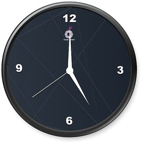 Homeberry- 26cm x 26cm Plastic & Glass Wall Clock - Blue Lines (Abstract Design, Navy Blue Marble with Black Frame)
