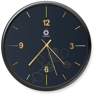 Homeberry- 26cm x 26cm Plastic & Glass Wall Clock - Gold Leaves (Abstract- Minimalistic Design, Navy Blue with Black Frame)