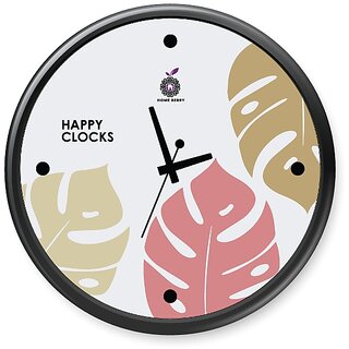Homeberry- 26cm x 26cm Plastic & Glass Wall Clock - Happy Clocks (Abstract Design, Leaves with Black Frame)