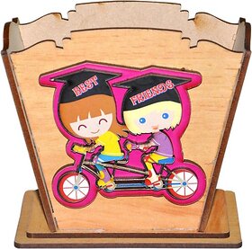 Global Gifts 1 Compartments Wooden Asorted Designs Wooden Pen Stand For Friends (Multicolor)