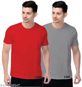 Poly Blend Red Short Sleeves Solid Tshirts (Pack of 2)
