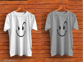 Poly Blend White Short Sleeves Printed Tshirts (Pack of 2)