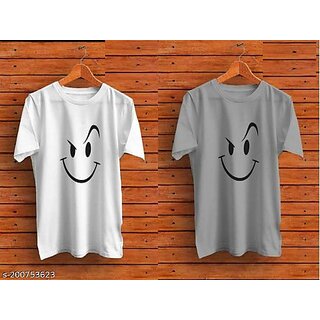 Poly Blend White Short Sleeves Printed Tshirts (Pack of 2)