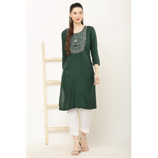 Vivient Women Dark Green Embroidered Kurti with White Pant Set