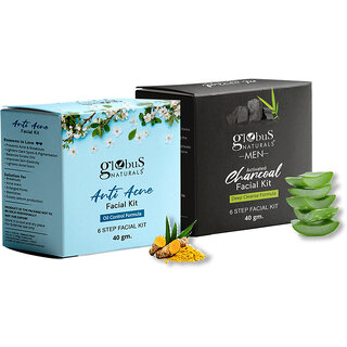 Globus Naturals Facial Kit Combo-Oil Control Anti Acne & Deep Cleansing Charcoal Men Facial Kit, For All Skin Types
