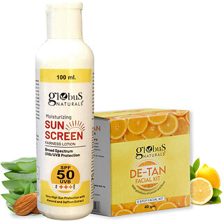 Globus Naturals Moisturizing Sunscreen Lotion & De-Tan Facial Kit Combo, Tan Removal Formula, For All Skin Types