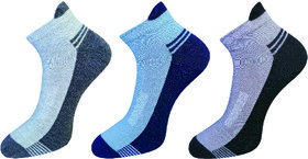 USOXO Soft Breathable Combed Cotton Ankle Socks For Men Pack Of 3 (Navy blue,Light grey,Dark gery) Con Cap lowcut