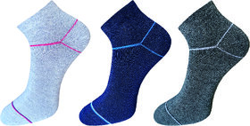 USOXO Soft Breathable Combed Cotton Ankle Socks For Men Pack Of 3 (Dark gery, Light grey, Navy blue) Devine lowcut