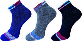 USOXO Soft Breathable Combed Cotton Ankle Socks For Men Pack Of 3 (Dark grey, Light gery, Navy blue) Elley Strip