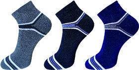 USOXO Soft Breathable Combed Cotton Ankle Socks For Men Pack Of 3 (Dark grey, Black, Navy blue) strip up lowcut