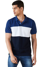 Leotude Men Blue Color Block Cotton Blend Casual T-Shirt