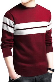 Leotude Men Maroon Striped Cotton Blend Casual T-Shirt