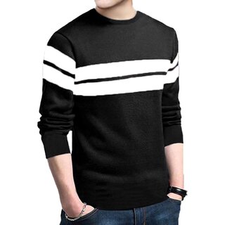 Leotude Men Black Striped Cotton Blend Casual T-Shirt