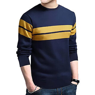Leotude Men Blue Striped Cotton Blend Casual T-Shirt