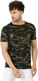 Leotude Men Olive Camouflage Cotton Blend Casual T-Shirt