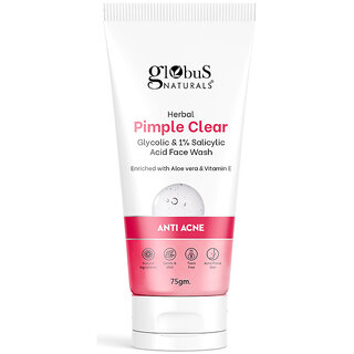 Globus Naturals Herbal Pimple Clear Glycolic & 1% Salicylic Acid Face Wash, Enriched With Orange & Almond, For Oily & Acne Prone Skin, 75 gm