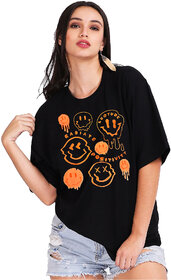 Leotude Black Printed Cotton Blend Round Neck Half Sleeve T-Shirts For Womens