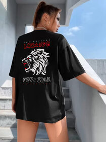 Leotude Black Printed Cotton Blend Round Neck Half Sleeve T-Shirts For Womens