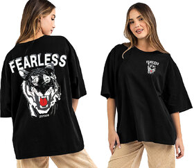 Leotude Black Printed Cotton Blend Round Neck Half Sleeve T-Shirts For Womens