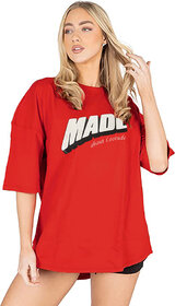 Leotude Red Printed Cotton Blend Round Neck Half Sleeve T-Shirts For Womens