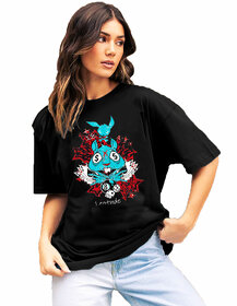 Leotude Black Printed Cotton Blend Round Neck Half Sleeve T-Shirts For Womens