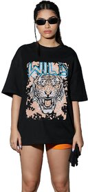 Leotude Black Printed Cotton Blend Round Neck Half Sleeve T-Shirts For Womens