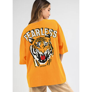 Leotude YELLOW Printed Cotton Blend Round Neck Half Sleeve T-Shirts For Womens